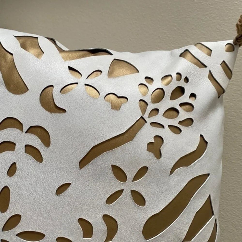 Anthropologie White Leather Gold Inlay Pillow